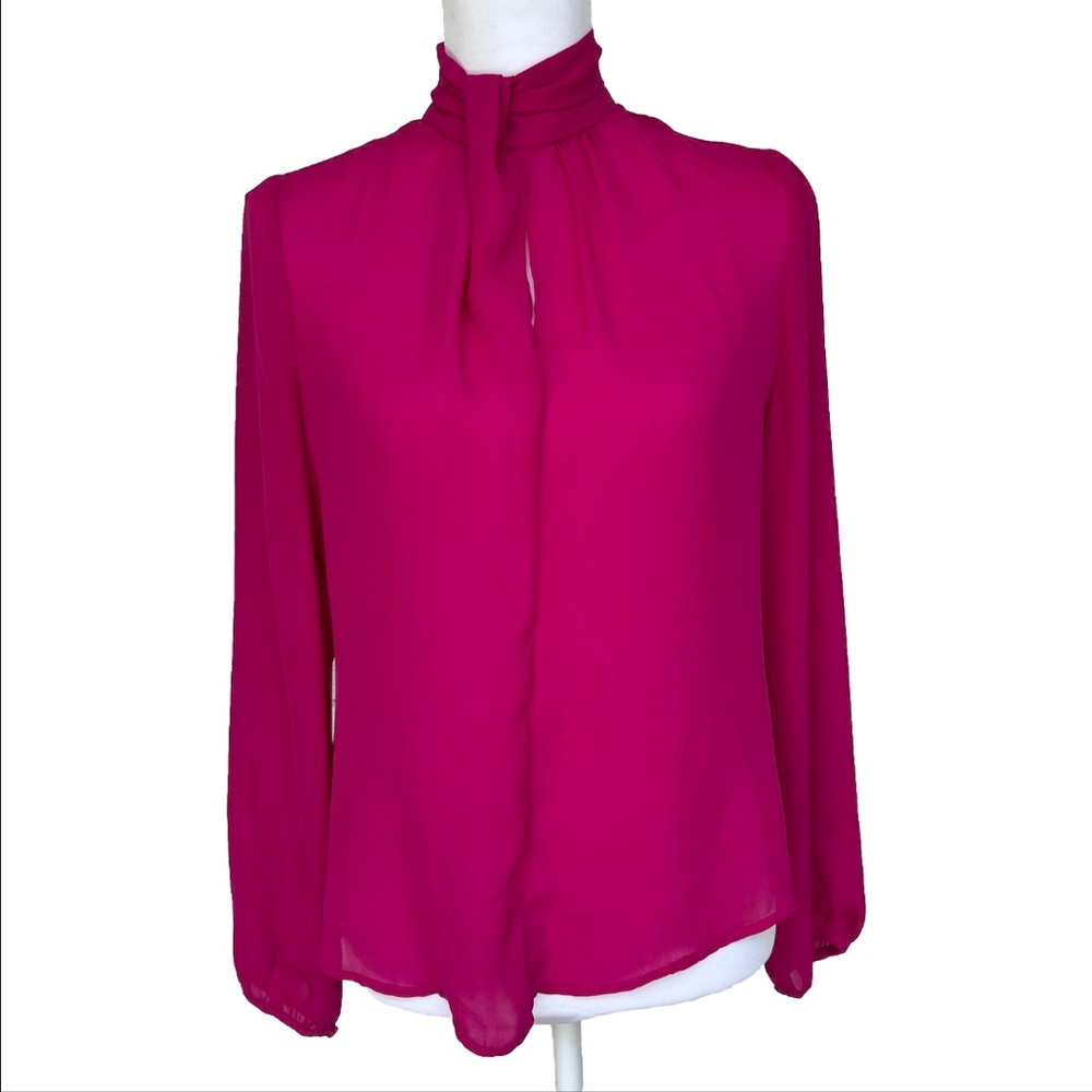 Worthington Mock Neck Blouse Small Petite Womens Pink Semi Sheer Long Sleeve